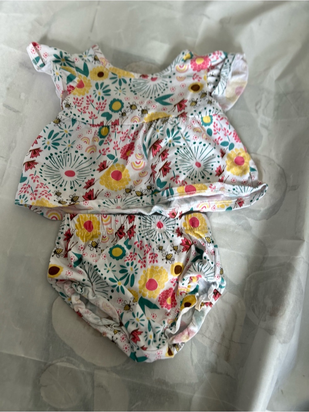 Baby Floral Two-Piece Set - White with Yellow & Teal Flowers